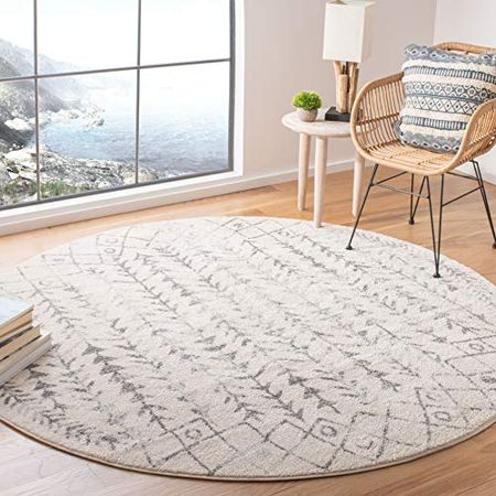 SAFAVIEH Tulum Collection 5' Round Ivory/Grey TUL267A Moroccan Boho Distressed Non-Shedding Dining Room Entryway Foyer Living Room Bedroom Area Rug