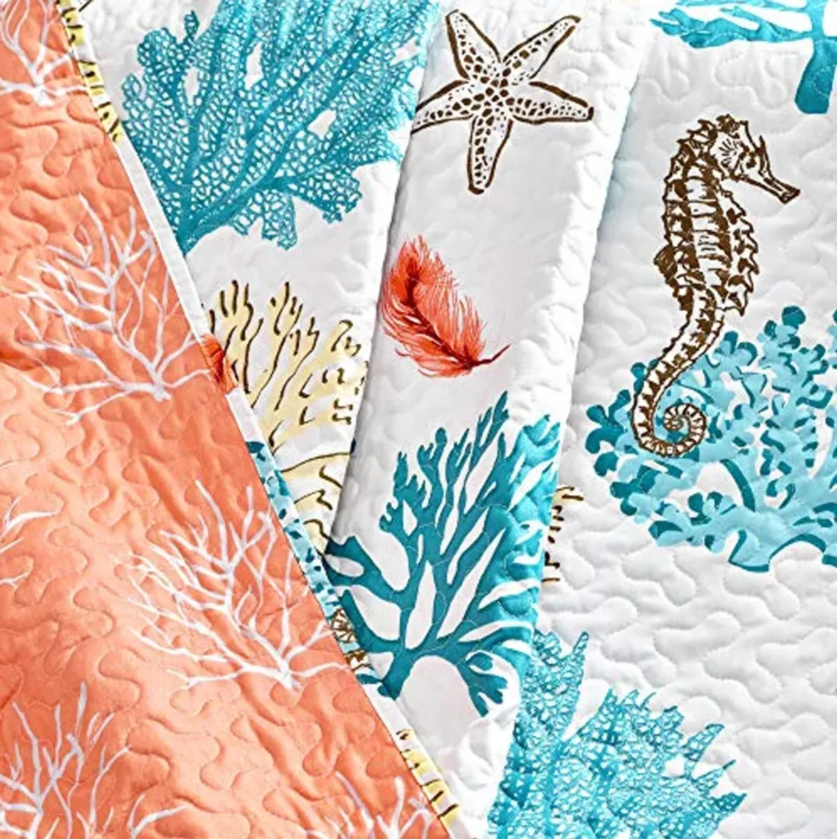 Lush Decor Coastal Reef Feather Reversible Throw Blanket, 50" W x 60" L, Blue & Coral - Coral Throw Blanket - Quilted Throw - Seahorse Blanket For Bed, Couch Or Chair - Beach & Coastal Decor