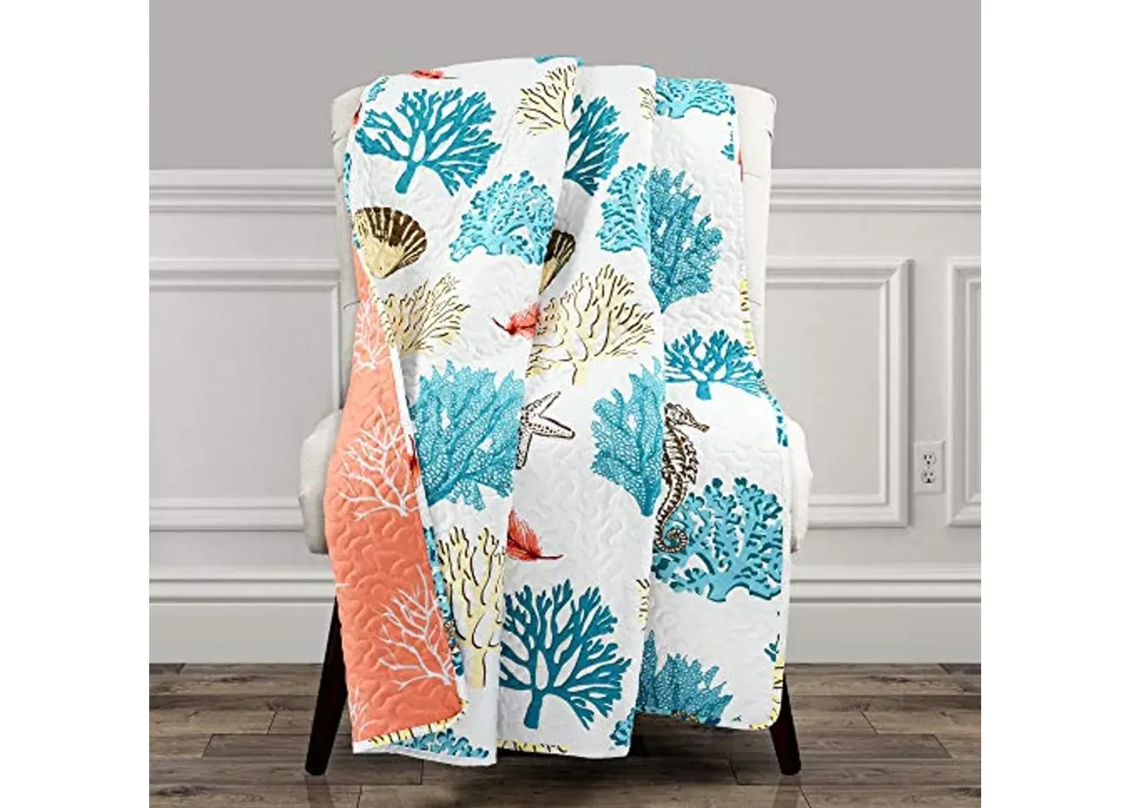 Lush Decor Coastal Reef Feather Reversible Throw Blanket, 50" W x 60" L, Blue & Coral - Coral Throw Blanket - Quilted Throw - Seahorse Blanket For Bed, Couch Or Chair - Beach & Coastal Decor