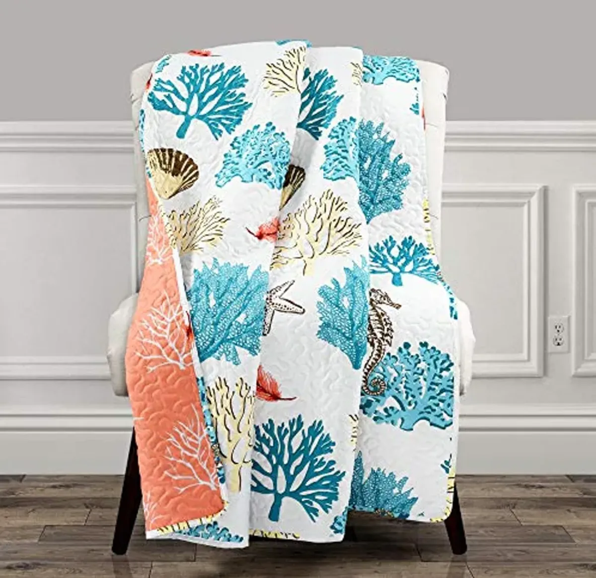 Lush Decor Coastal Reef Feather Reversible Throw Blanket, 50" W x 60" L, Blue & Coral - Coral Throw Blanket - Quilted Throw - Seahorse Blanket For Bed, Couch Or Chair - Beach & Coastal Decor