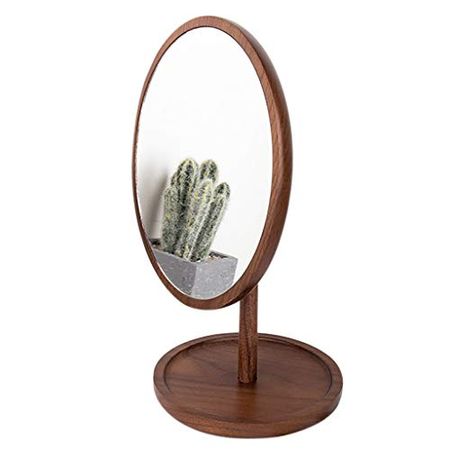 Wooden Desktop Makeup Mirror Hd Rotating Dressing Table Mirror Large Desktop Single-Sided Beauty Mirror Walnut Vanity Mirror