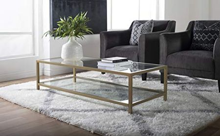 Studio Designs Home Camber 2-Tier Modern 54" Wide Rectangle Coffee Table in Gold/Clear Glass