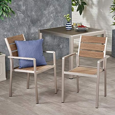 Belle Outdoor Modern Aluminum Dining Chair with Faux Wood Seat (Set of 2), Natural and Silver
