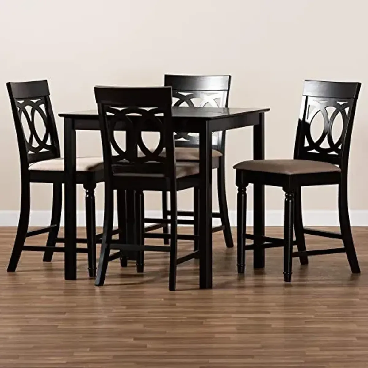 Baxton Studio Victoria Pub Set and Pub Set Sand Fabric Upholstered Espresso Brown Finished 5-Piece Wood Pub Set