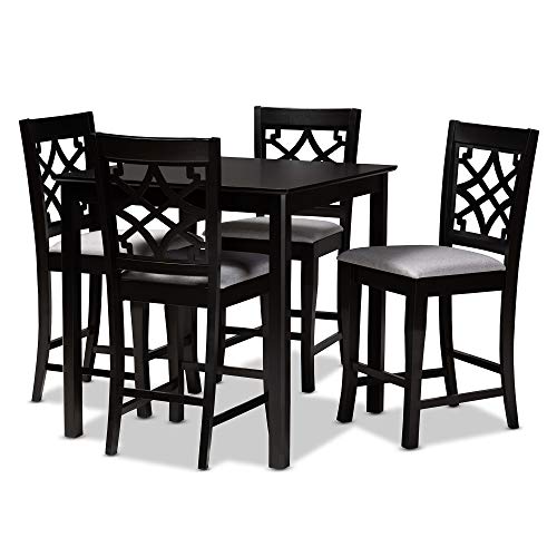 Baxton Studio Nathalie Pub Set and Pub Set Grey Fabric Upholstered Espresso Brown Finished 5-Piece Wood Pub Set