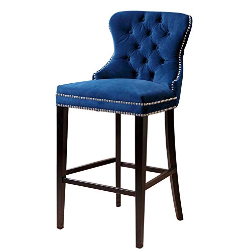 Abbyson Living Velvet Upholstered Bar Height Bar Stool with Button Tufted Seat Back and Silver Nailhead Trim, Blue