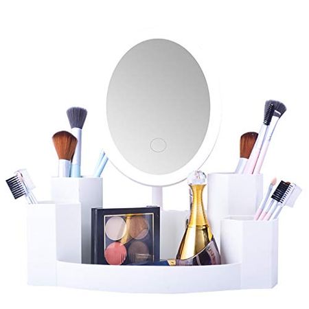 Makeup Vanity Mirror with Storage Box Led Makeup Mirror with Touch Screen USB Power Supply 180° Adjustable Rotating Countertop Cosmetic Mirror