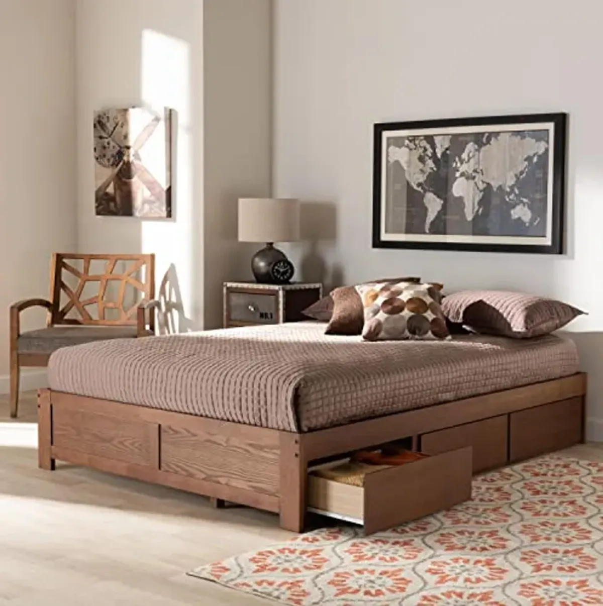 Baxton Studio Wren Modern and Contemporary Walnut Finished 3-Drawer Full Size Platform Storage Bed Frame