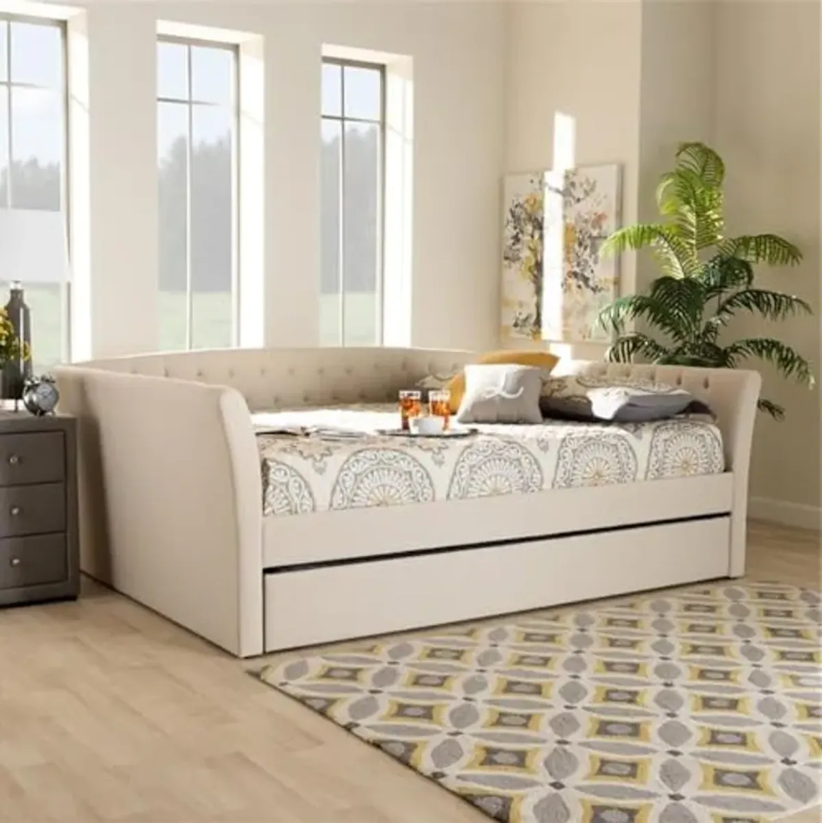 Baxton Studio Delora Modern and Contemporary Beige Fabric Upholstered Queen Size Daybed with Roll-Out Trundle Bed