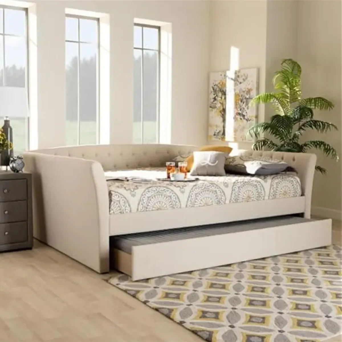 Baxton Studio Delora Modern and Contemporary Beige Fabric Upholstered Queen Size Daybed with Roll-Out Trundle Bed