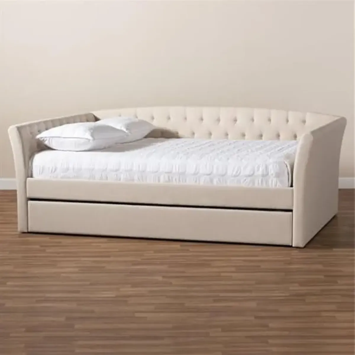 Baxton Studio Delora Modern and Contemporary Beige Fabric Upholstered Queen Size Daybed with Roll-Out Trundle Bed