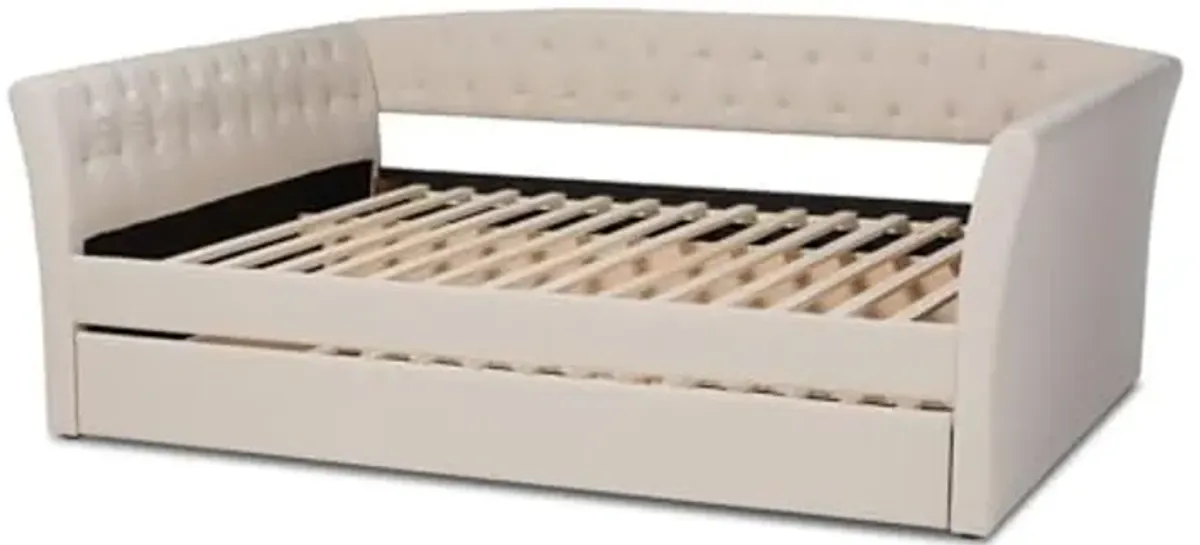 Baxton Studio Delora Modern and Contemporary Beige Fabric Upholstered Queen Size Daybed with Roll-Out Trundle Bed