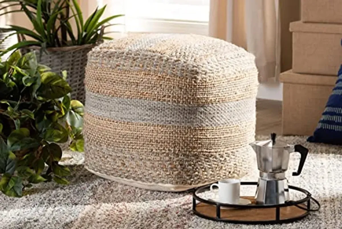 Baxton Studio Grange Moroccan Inspired Natural and Grey Handwoven Hemp Pouf Ottoman