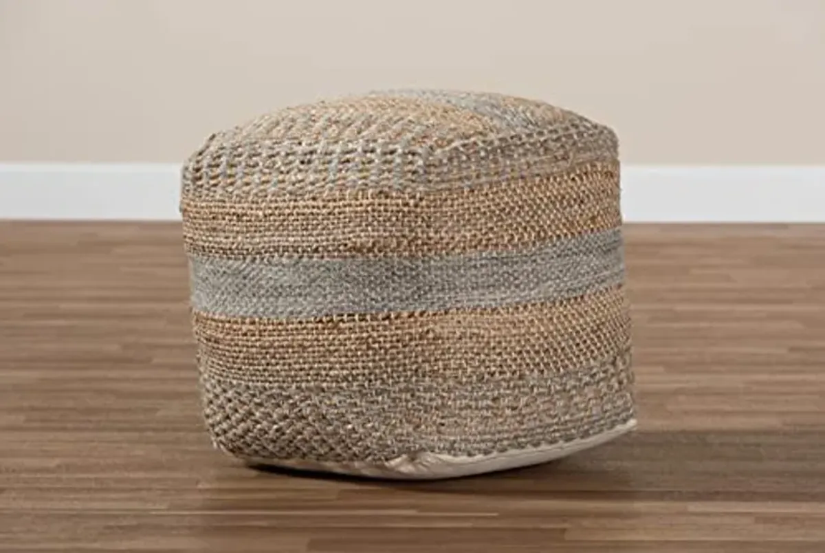 Baxton Studio Grange Moroccan Inspired Natural and Grey Handwoven Hemp Pouf Ottoman