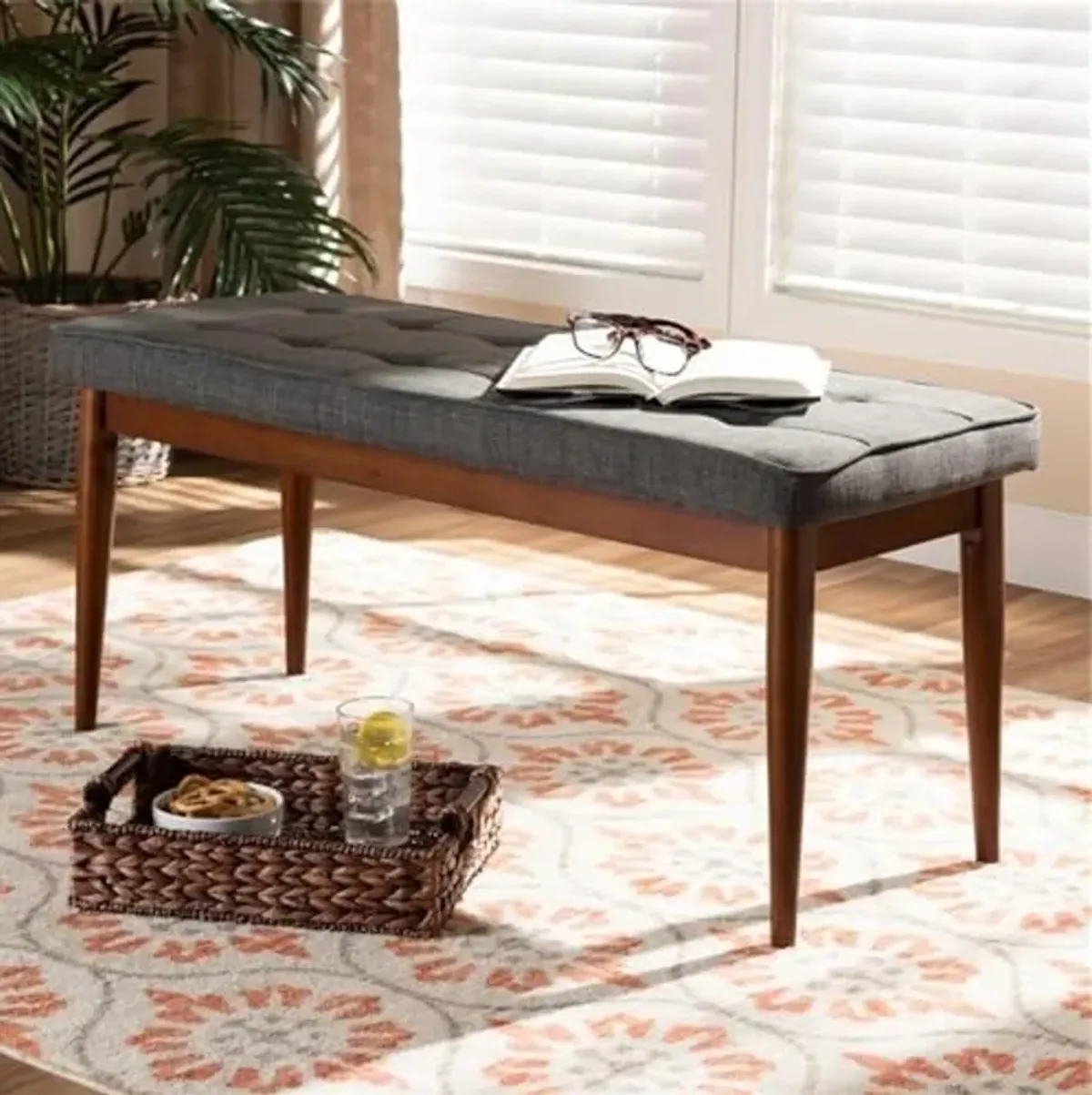 Baxton Studio Itami Mid-Century Modern Dark Grey Fabric Upholstered Medium Oak Finished Wood Dining Bench