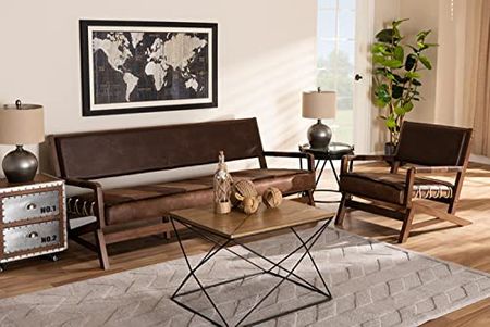 Baxton Studio Rovelyn Rustic Brown Faux Leather Upholstered Walnut Finished Wood 2-Piece Living Room Set