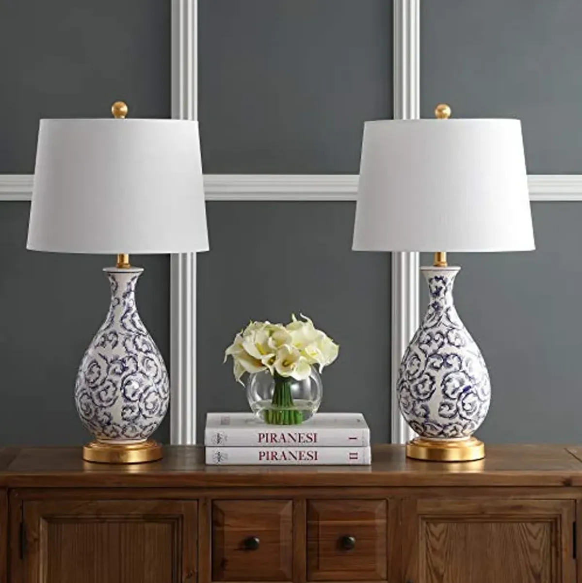 SAFAVIEH Lighting Collection Avi Scroll Blue/ White 28-inch Bedroom Living Room Home Office Desk Nightstand Table Lamp Set of 2 (LED Bulbs Included)