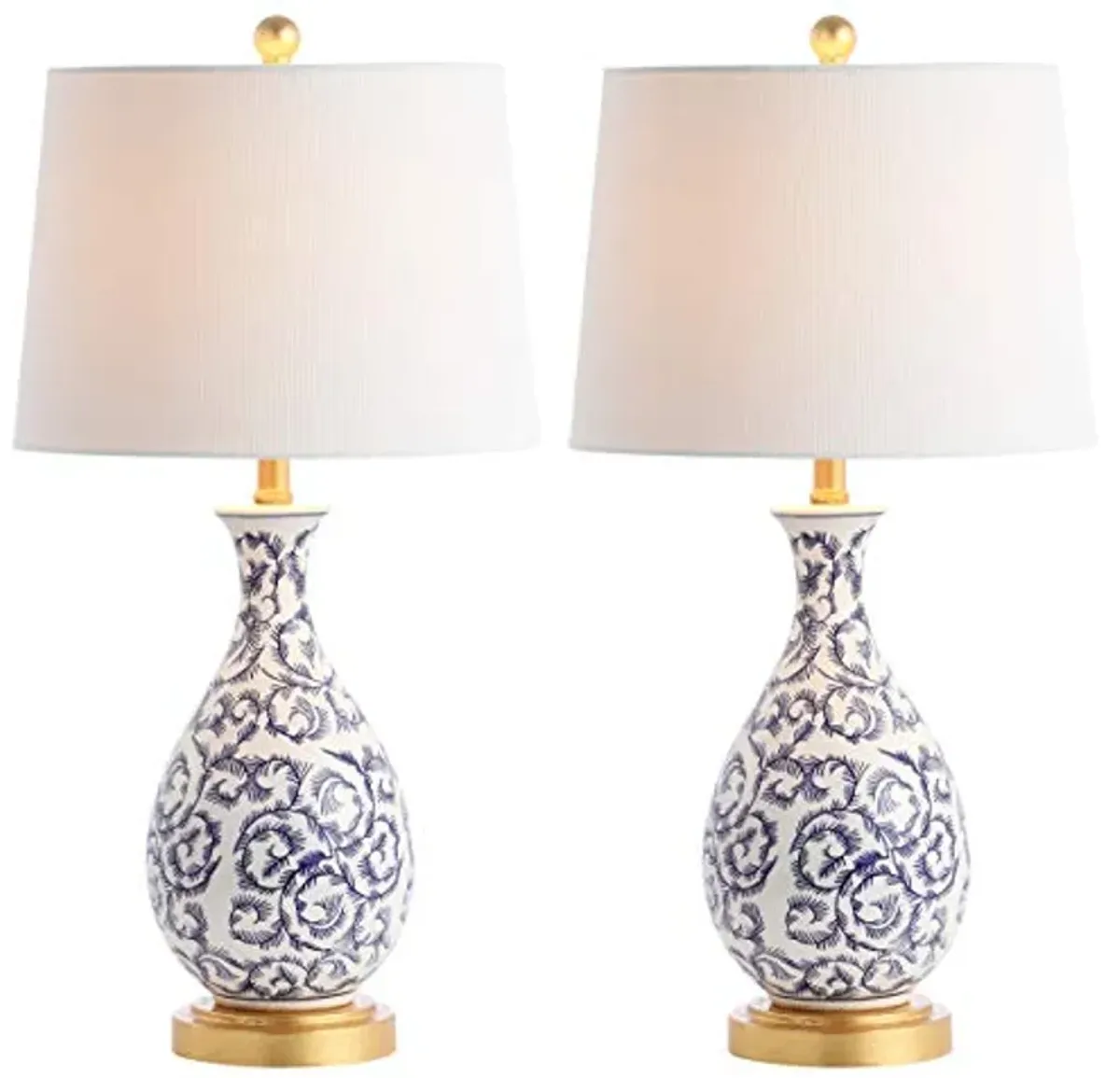 SAFAVIEH Lighting Collection Avi Scroll Blue/ White 28-inch Bedroom Living Room Home Office Desk Nightstand Table Lamp Set of 2 (LED Bulbs Included)