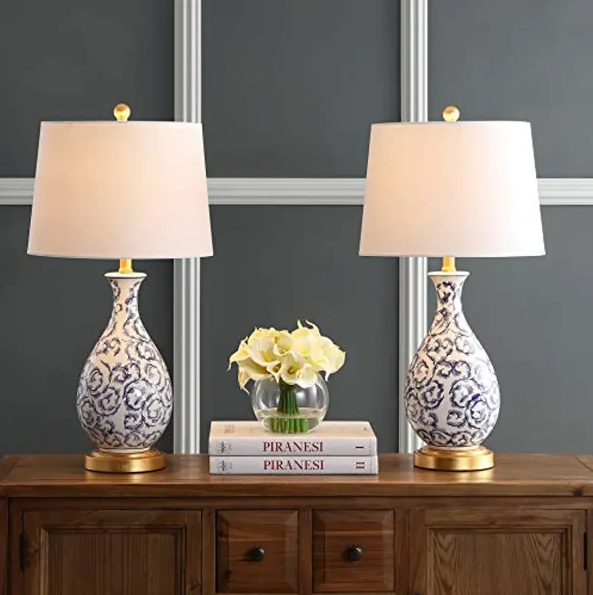 SAFAVIEH Lighting Collection Avi Scroll Blue/ White 28-inch Bedroom Living Room Home Office Desk Nightstand Table Lamp Set of 2 (LED Bulbs Included)