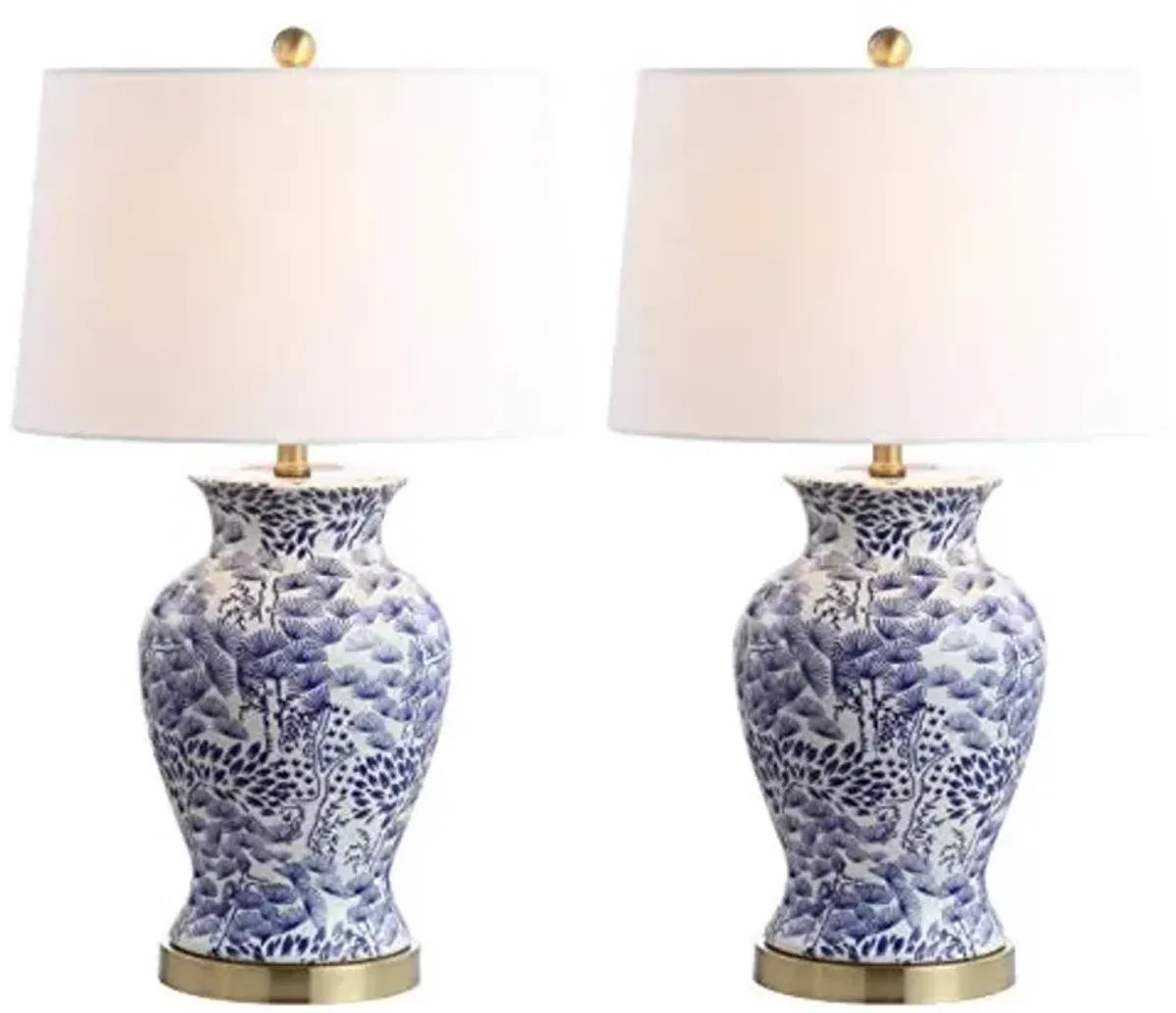 SAFAVIEH Lighting Collection Alona Blue/ White Chinoiserie 28-inch Bedroom Living Room Home Office Desk Nightstand Table Lamp Set of 2 (LED Bulbs Included)