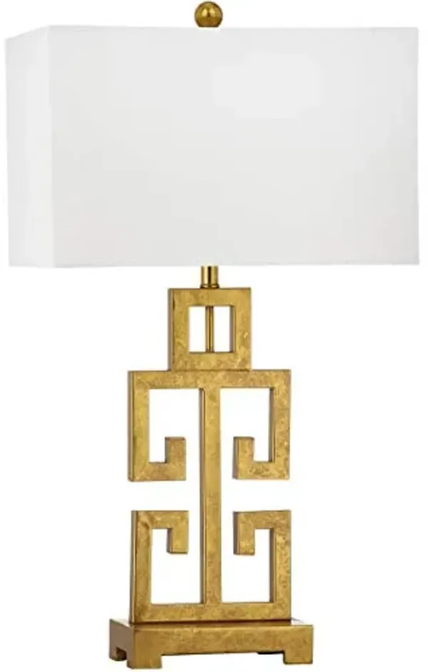SAFAVIEH Lighting Collection – Greek Key Table Lamp – Antique Gold Metal Base with White Fabric Shade, LED Bulb Included, 29-Inch Bedroom Living Room Desk Lamps (LITS4305A)
