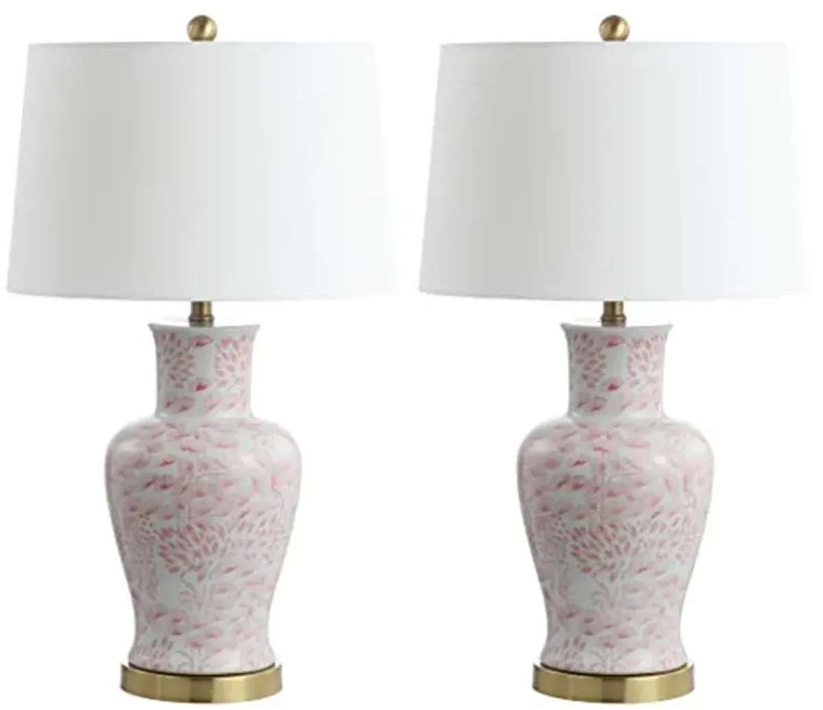 SAFAVIEH Lighting Collection Calli Pink/ White Chinoiserie 28-inch Bedroom Living Room Home Office Desk Nightstand Table Lamp Set of 2 (LED Bulbs Included)