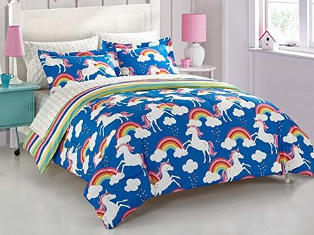 Casa Kids Rainbow and Unicorn Bed in A Bag Set, Twin, Blue