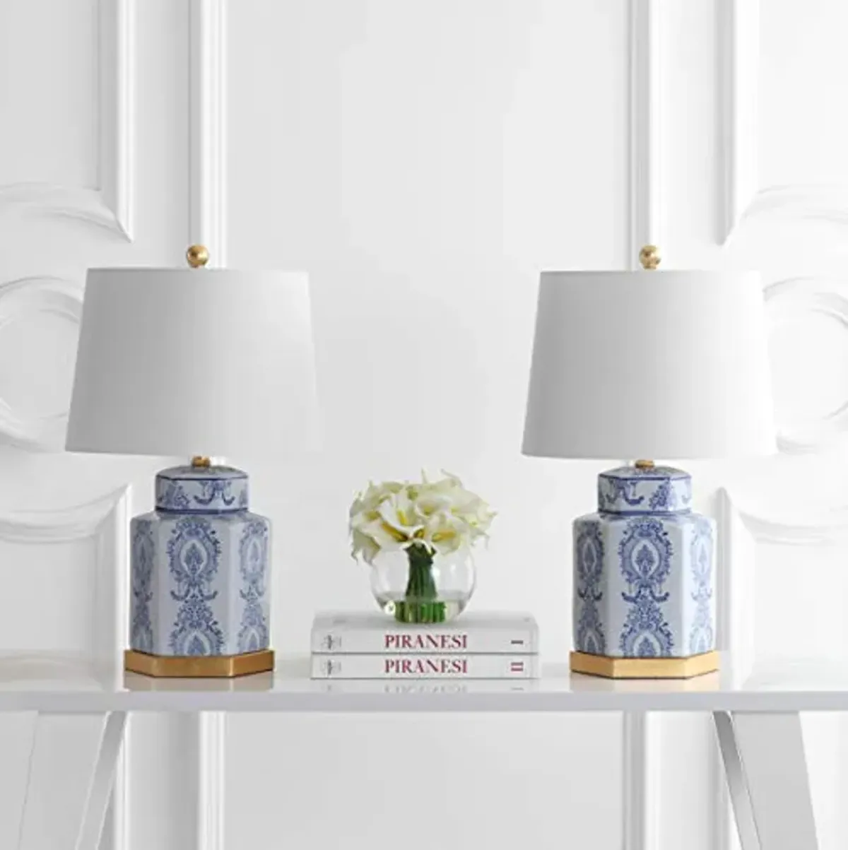 SAFAVIEH Lighting Collection Bodin Blue/ White 23-inch Bedroom Living Room Home Office Desk Nightstand Table Lamp Set of 2 (LED Bulbs Included)