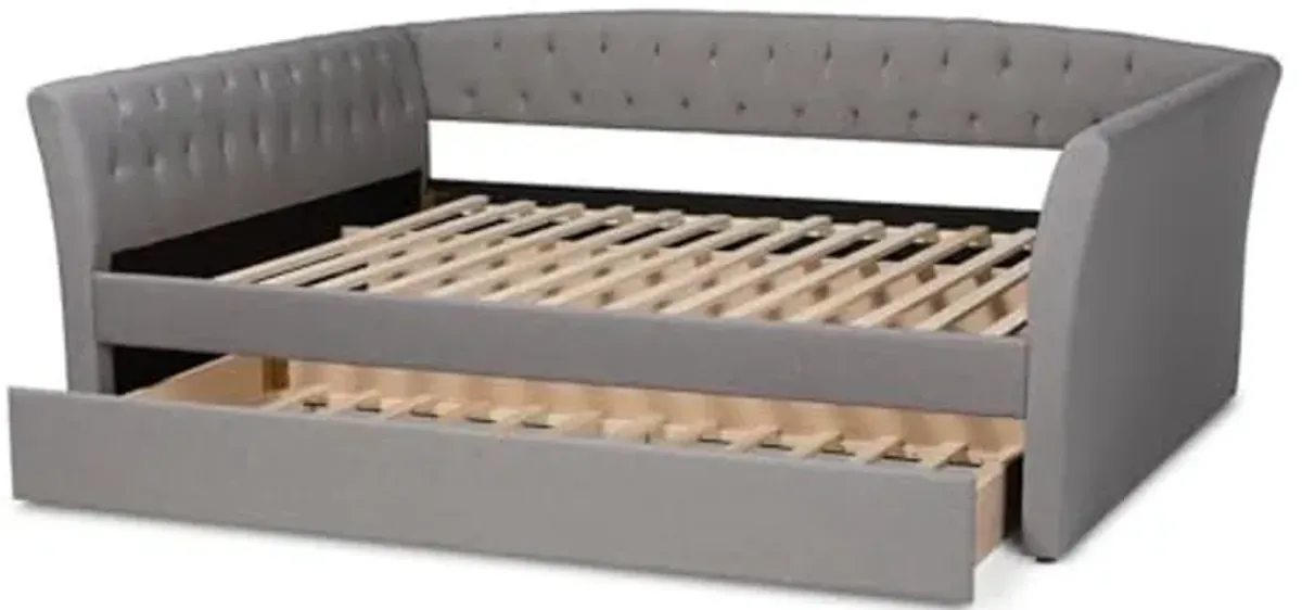 Baxton Studio Delora Modern and Contemporary Light Grey Fabric Upholstered Queen Size Daybed with Roll-Out Trundle Bed