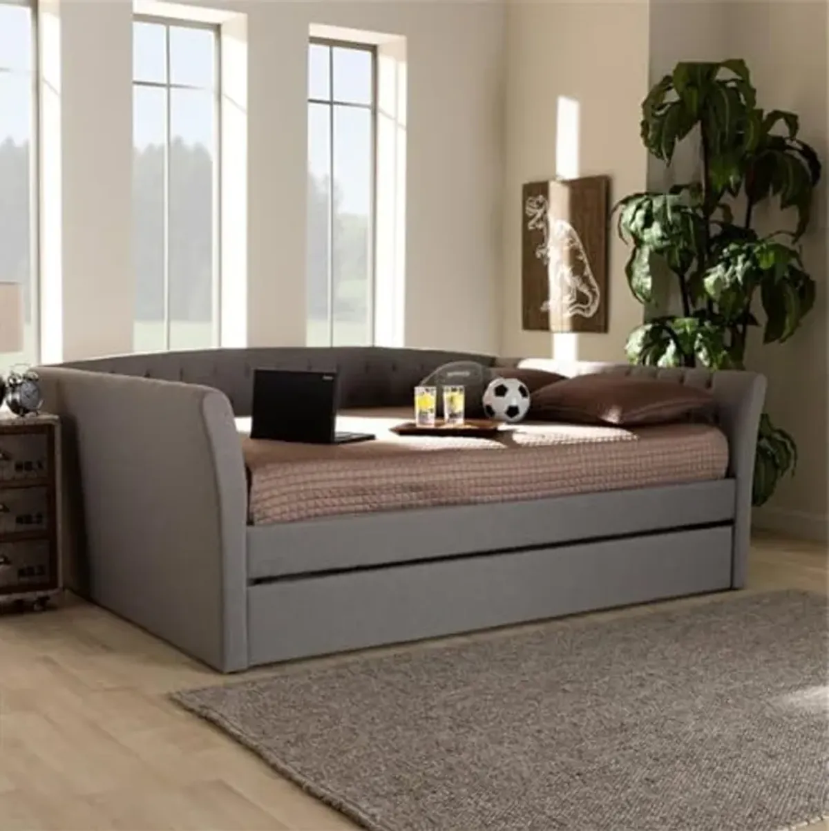 Baxton Studio Delora Modern and Contemporary Light Grey Fabric Upholstered Queen Size Daybed with Roll-Out Trundle Bed