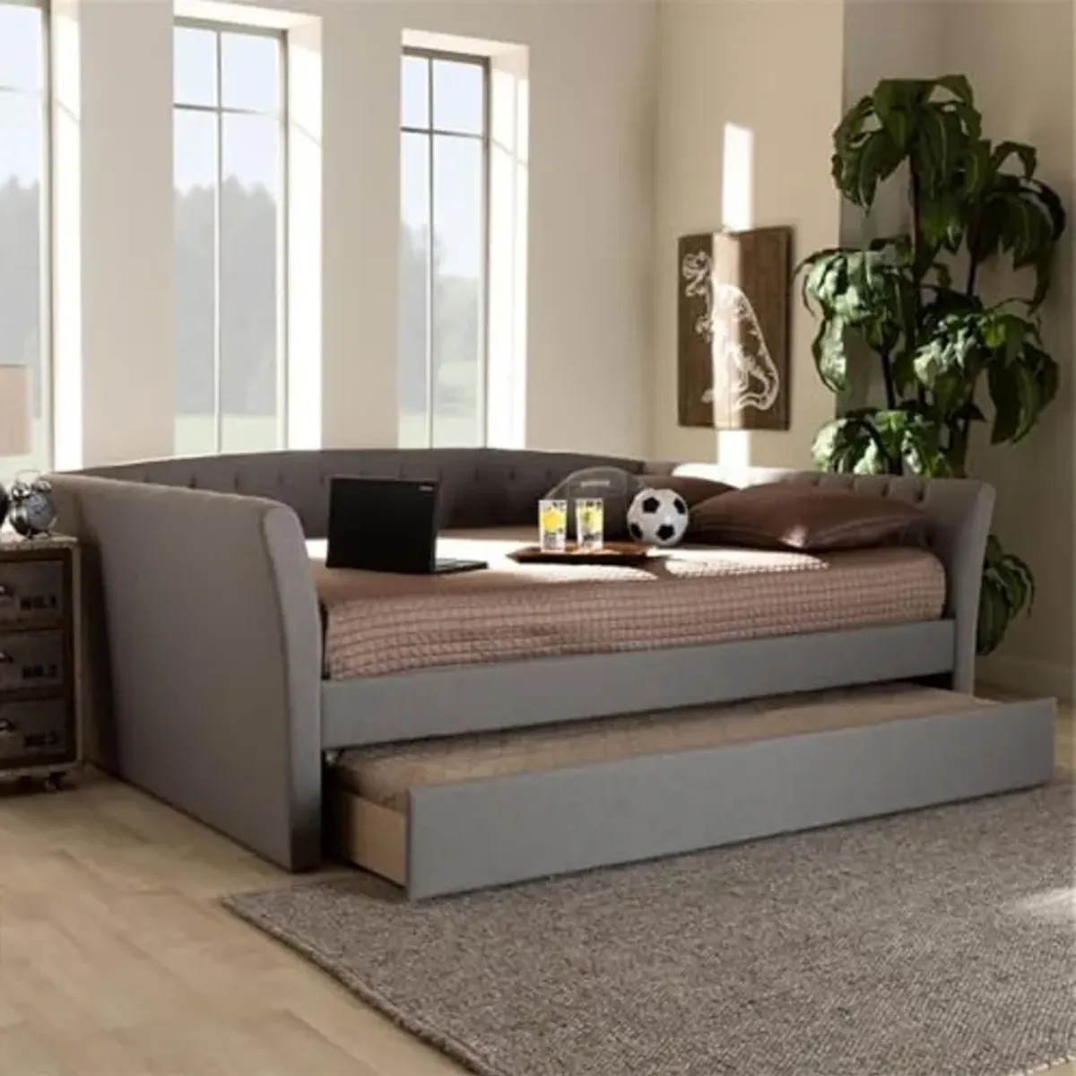 Baxton Studio Delora Modern and Contemporary Light Grey Fabric Upholstered Queen Size Daybed with Roll-Out Trundle Bed