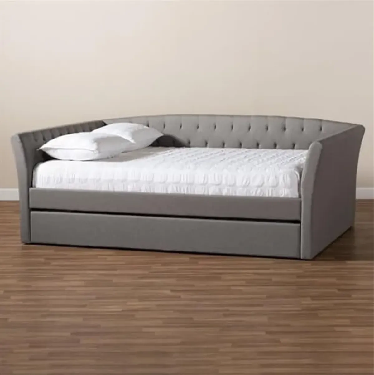 Baxton Studio Delora Modern and Contemporary Light Grey Fabric Upholstered Queen Size Daybed with Roll-Out Trundle Bed