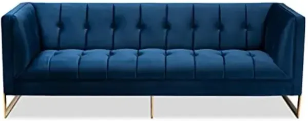 Baxton Studio Ambra Glam and Luxe Navy Blue Velvet Fabric Upholstered and Button Tufted Gold Sofa with Gold-Tone Frame