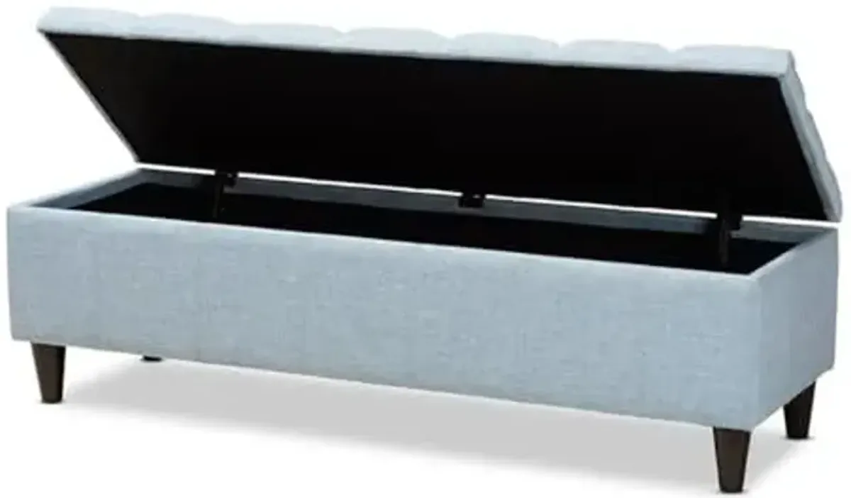 Baxton Studio Brette Mid-Century Modern Light Blue Fabric Upholstered Dark Brown Finished Wood Storage Bench Ottoman