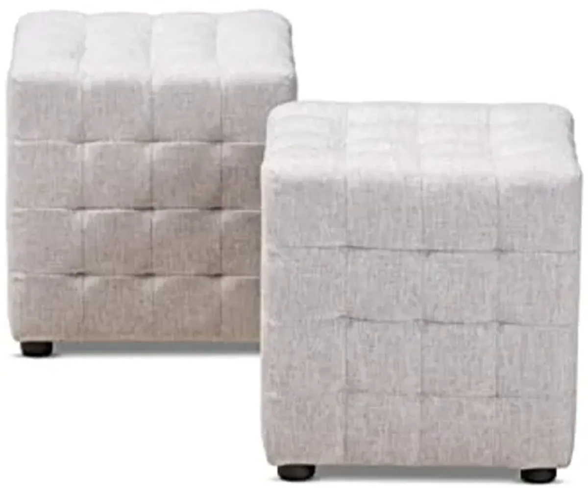 Baxton Studio Elladio Modern and Contemporary Greyish Beige Fabric Upholstered 2-Piece Tufted Cube Ottoman Set