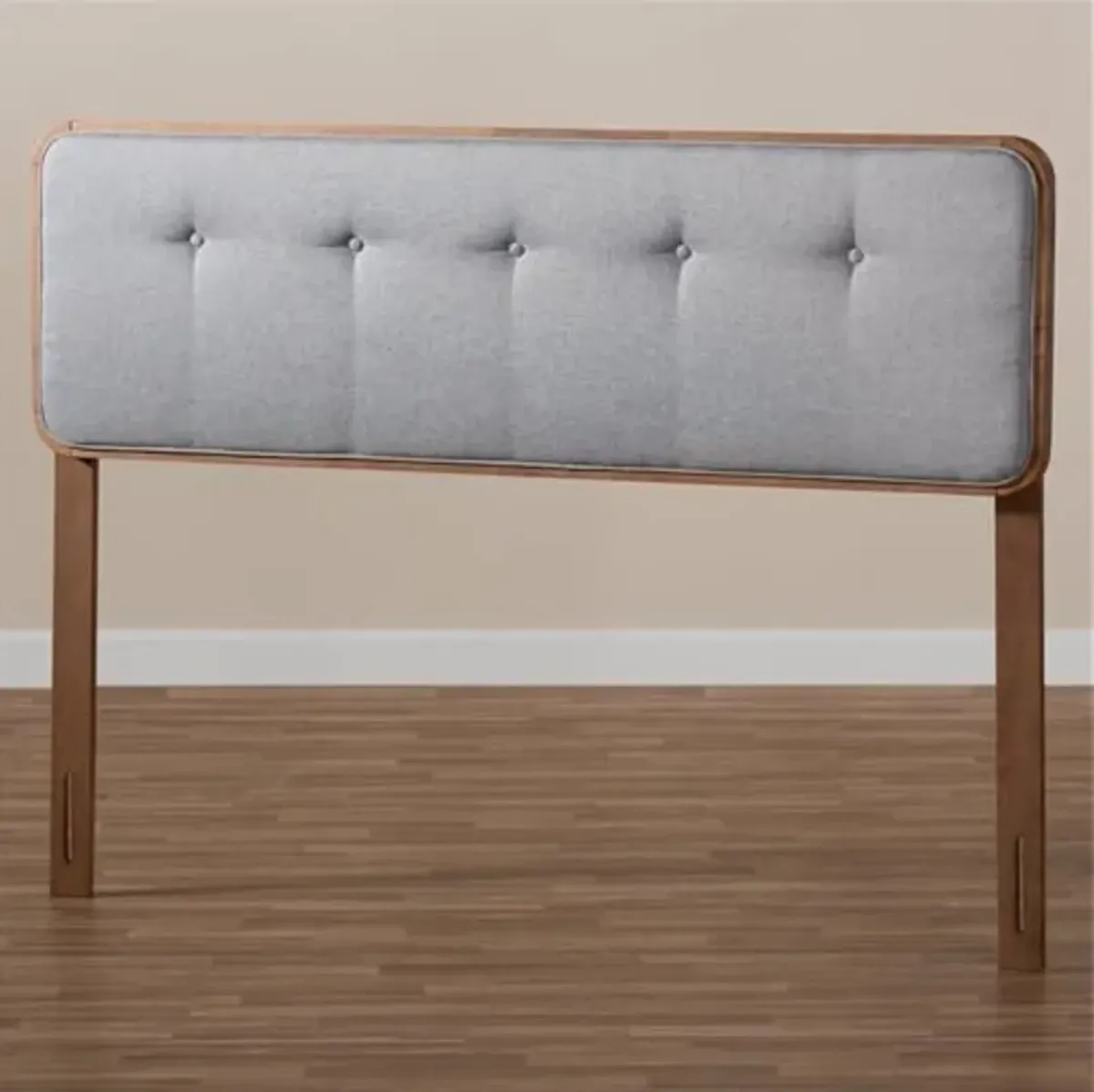 Baxton Studio Palina Mid-Century Modern Light Grey Fabric Upholstered Walnut Brown Finished Wood Full Size Headboard