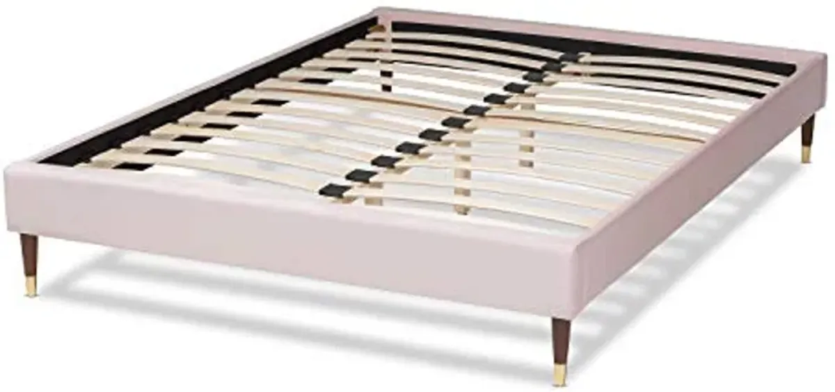 Baxton Studio Volden Glam and Luxe Light Pink Velvet Fabric Upholstered Full Size Wood Platform Bed Frame with Gold-Tone Leg Tips