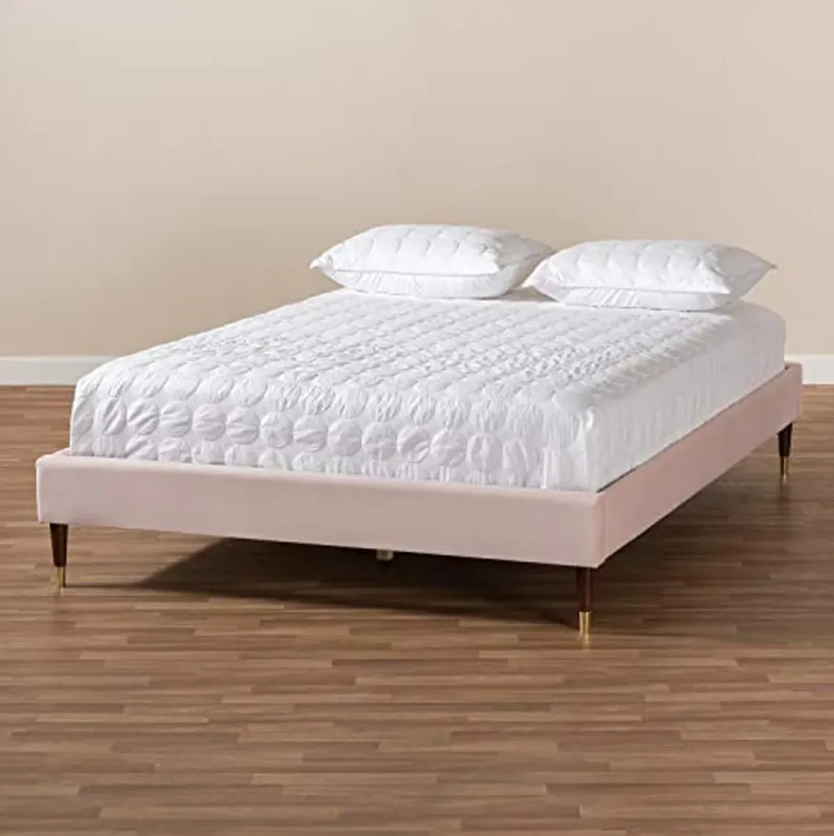 Baxton Studio Volden Glam and Luxe Light Pink Velvet Fabric Upholstered Full Size Wood Platform Bed Frame with Gold-Tone Leg Tips