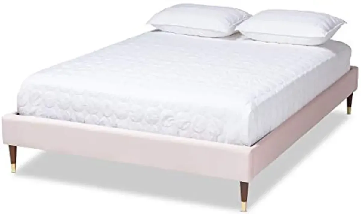 Baxton Studio Volden Glam and Luxe Light Pink Velvet Fabric Upholstered Full Size Wood Platform Bed Frame with Gold-Tone Leg Tips