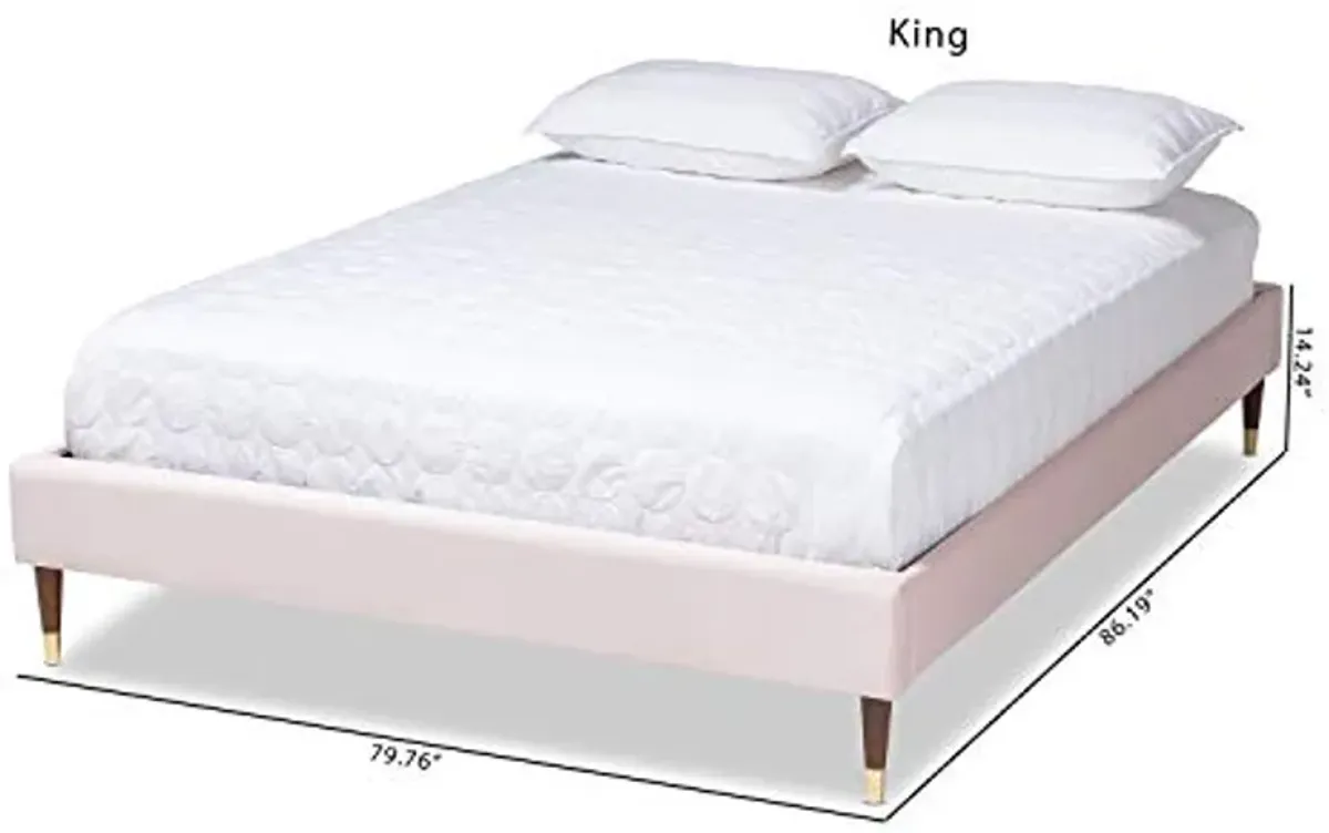 Baxton Studio Volden Glam and Luxe Light Pink Velvet Fabric Upholstered Full Size Wood Platform Bed Frame with Gold-Tone Leg Tips