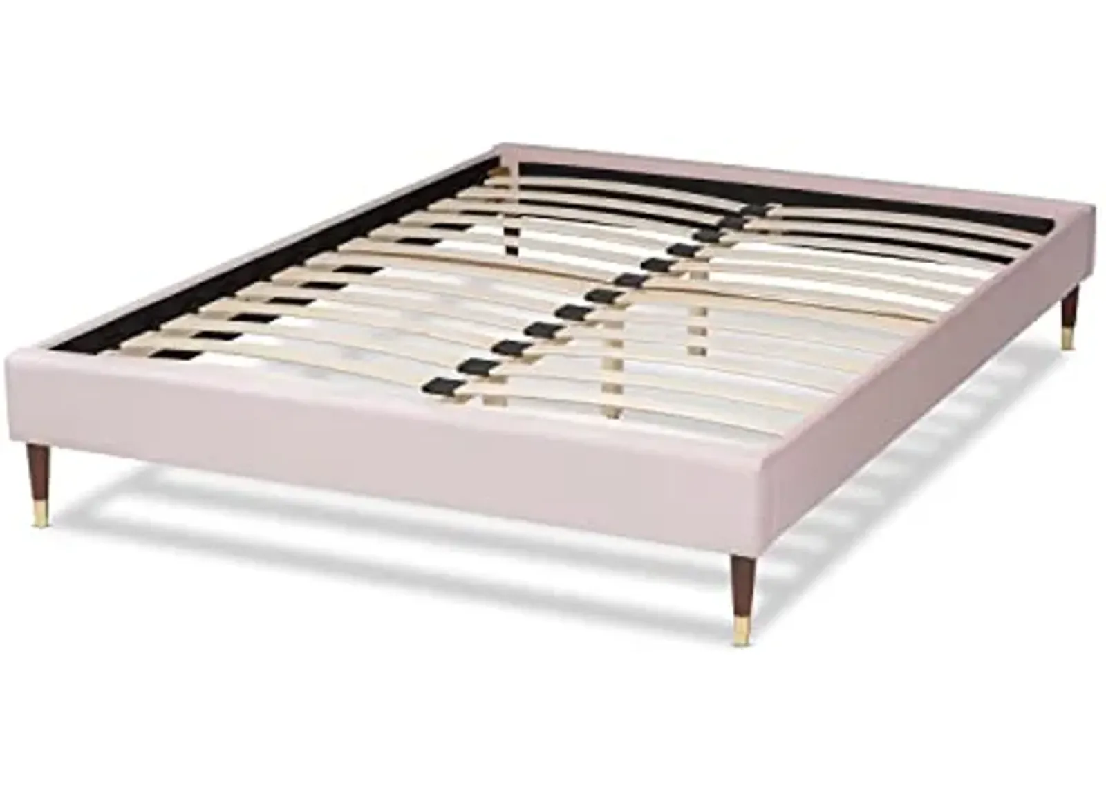 Baxton Studio Volden Glam and Luxe Light Pink Velvet Fabric Upholstered Full Size Wood Platform Bed Frame with Gold-Tone Leg Tips