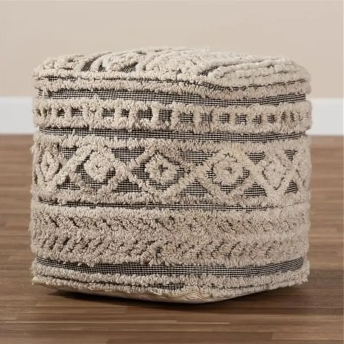 Baxton Studio Cronin Moroccan Inspired Beige and Brown Handwoven Hemp Pouf Ottoman