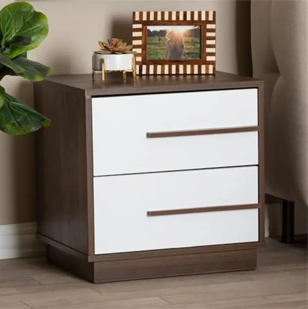 Baxton Studio Mette White - Walnut 2-Drawer Wood Nightstand