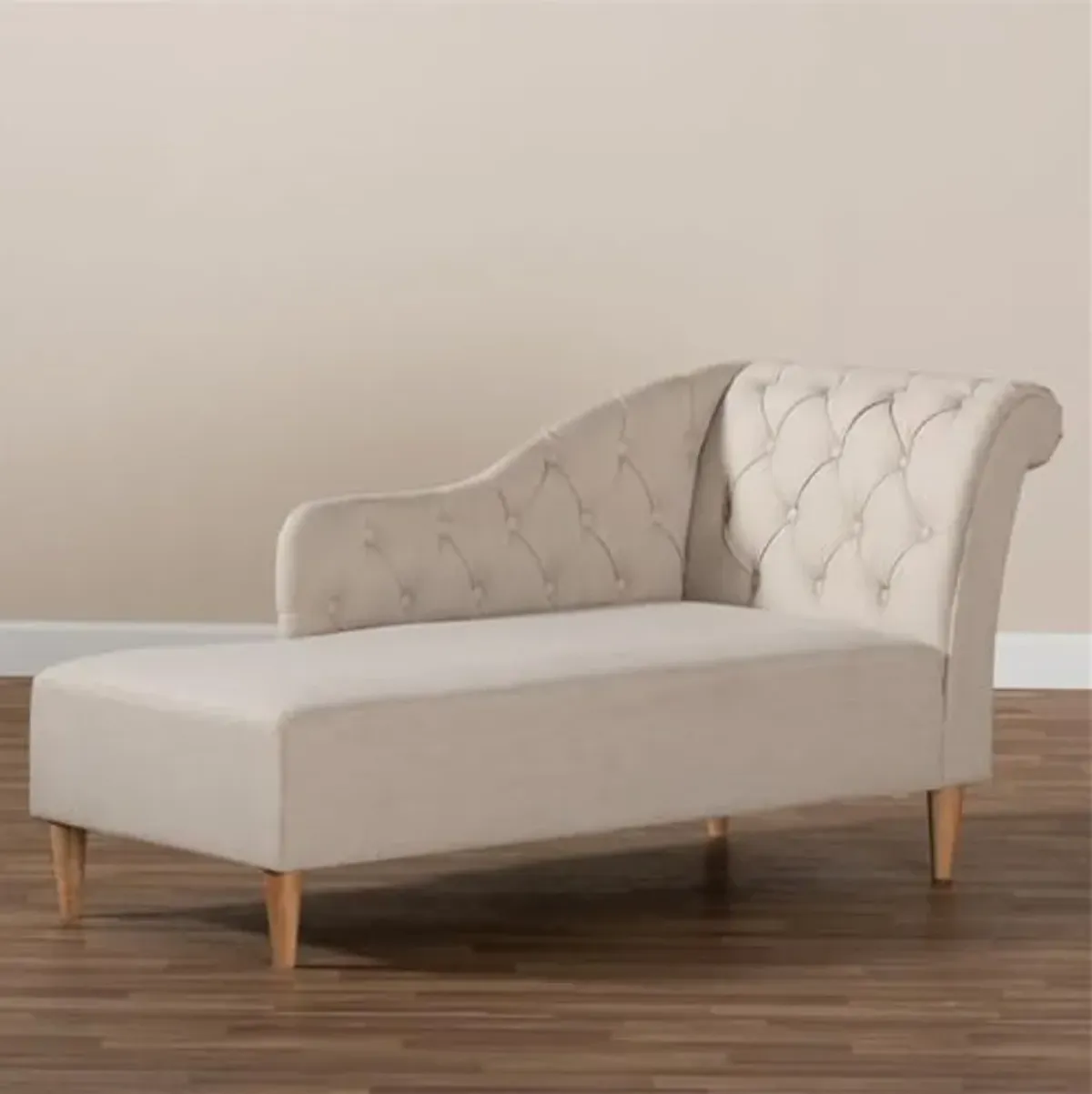 Baxton Studio Emeline Modern and Contemporary Beige Fabric Upholstered Oak Finished Chaise Lounge