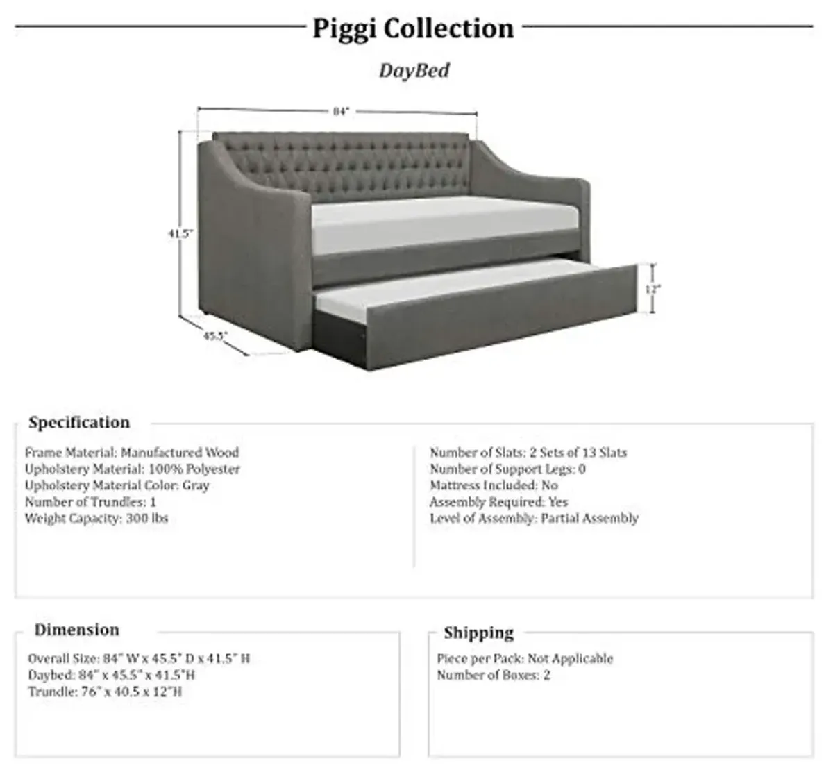 Lexicon Piggi Fabric Daybed with Trundle, Twin/Twin, Gray