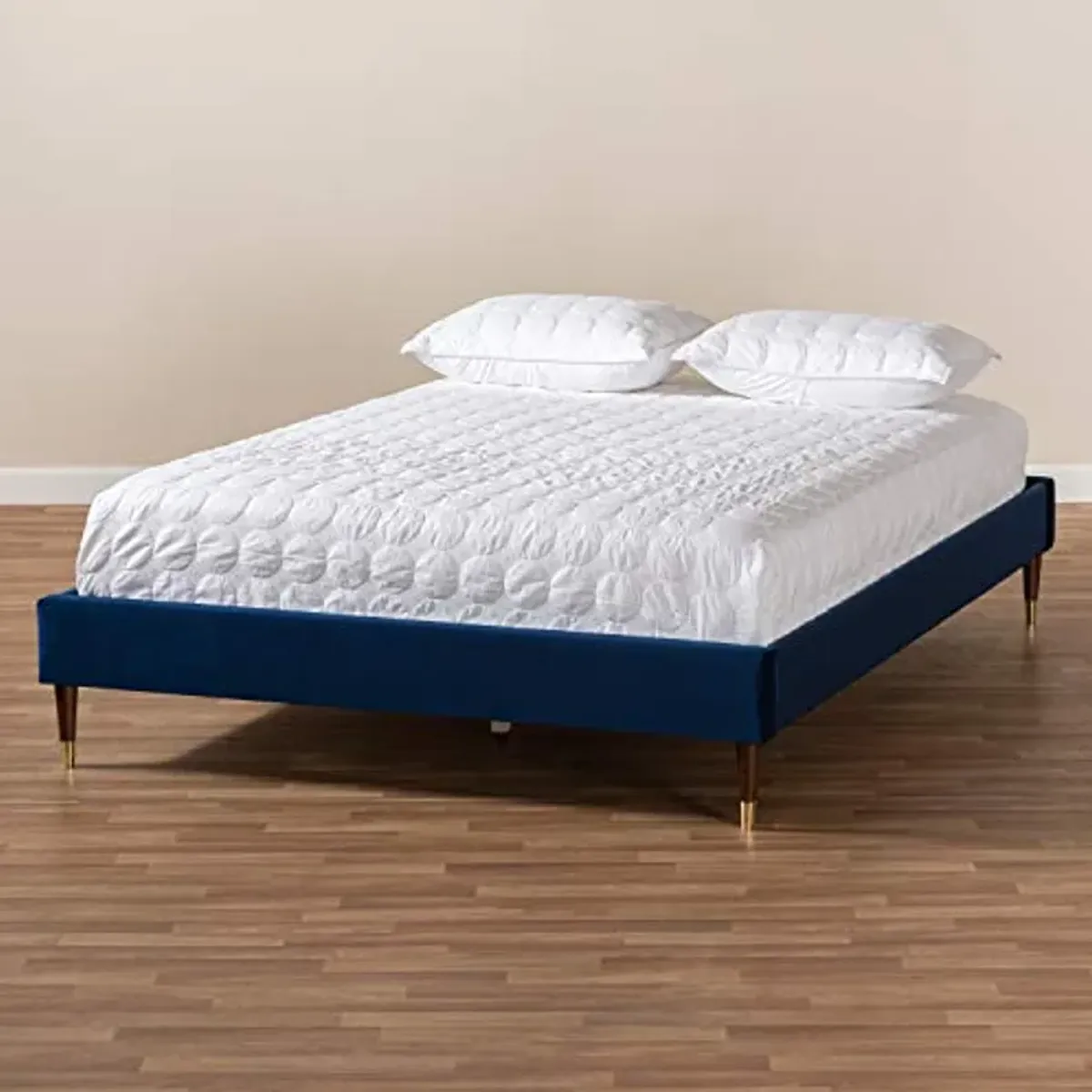 Baxton Studio Volden Glam and Luxe Navy Blue Velvet Fabric Upholstered Full Size Wood Platform Bed Frame with Gold-Tone Leg Tips