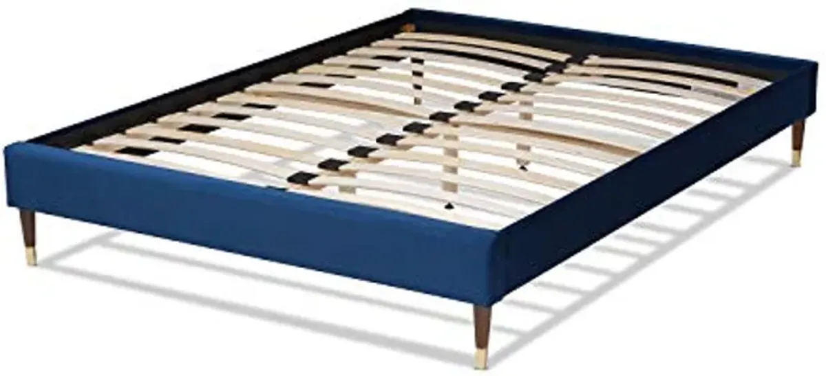 Baxton Studio Volden Glam and Luxe Navy Blue Velvet Fabric Upholstered Full Size Wood Platform Bed Frame with Gold-Tone Leg Tips