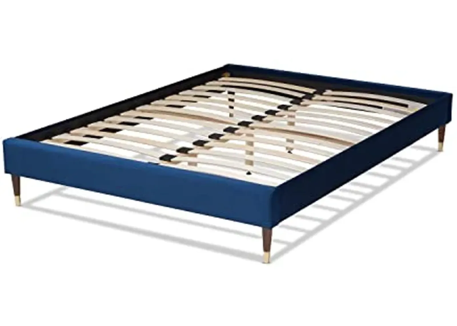 Baxton Studio Volden Glam and Luxe Navy Blue Velvet Fabric Upholstered Full Size Wood Platform Bed Frame with Gold-Tone Leg Tips