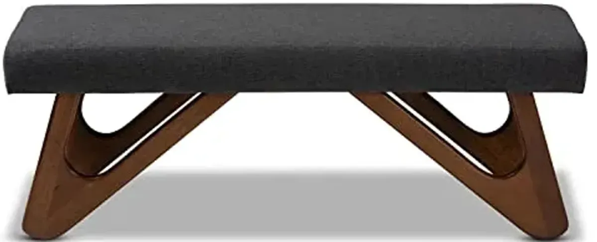 Baxton Studio Rika Mid-Century Modern Dark Grey Fabric Upholstered Walnut Brown Finished Boomerang Bench