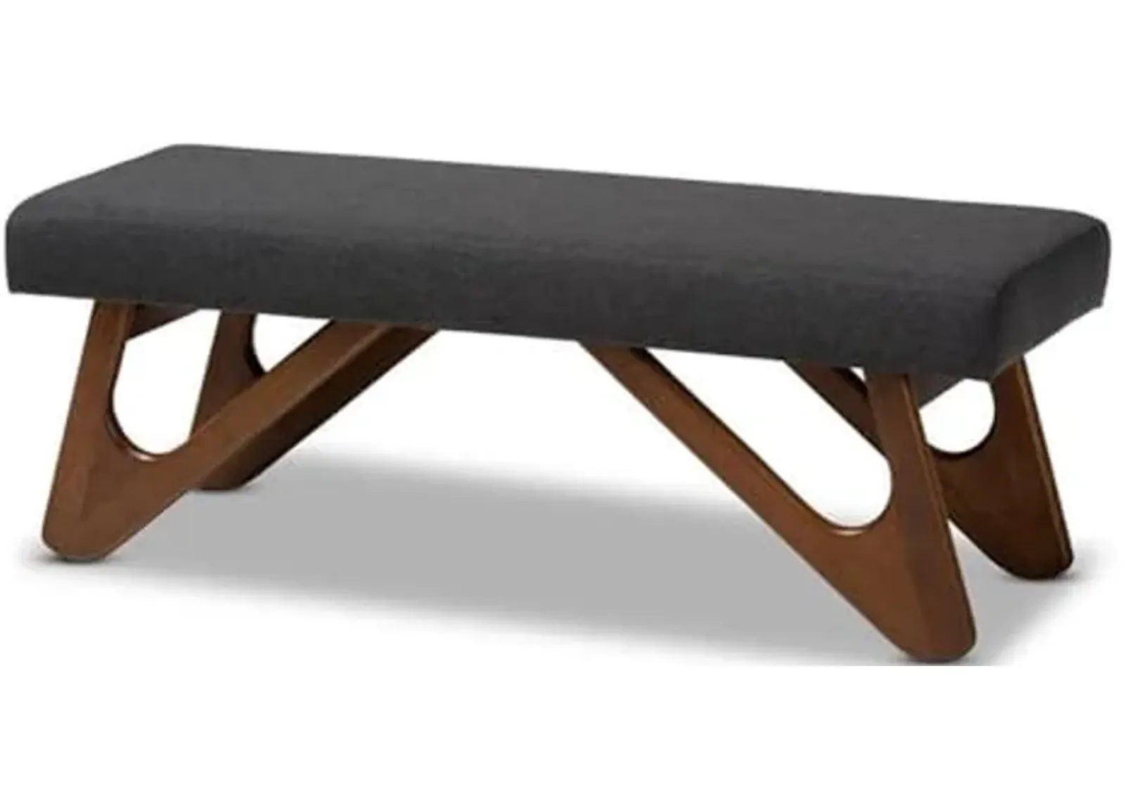 Baxton Studio Rika Mid-Century Modern Dark Grey Fabric Upholstered Walnut Brown Finished Boomerang Bench